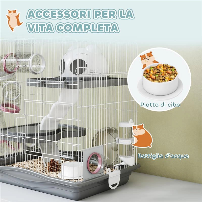 GABBIA PER CRICETI A 3 LIVELLI E 14 TUBI CON CASETTA, RAMPA, E ACCESSORI, IN METALLO E PLASTICA, 45X30X45 CM, GRIGIO