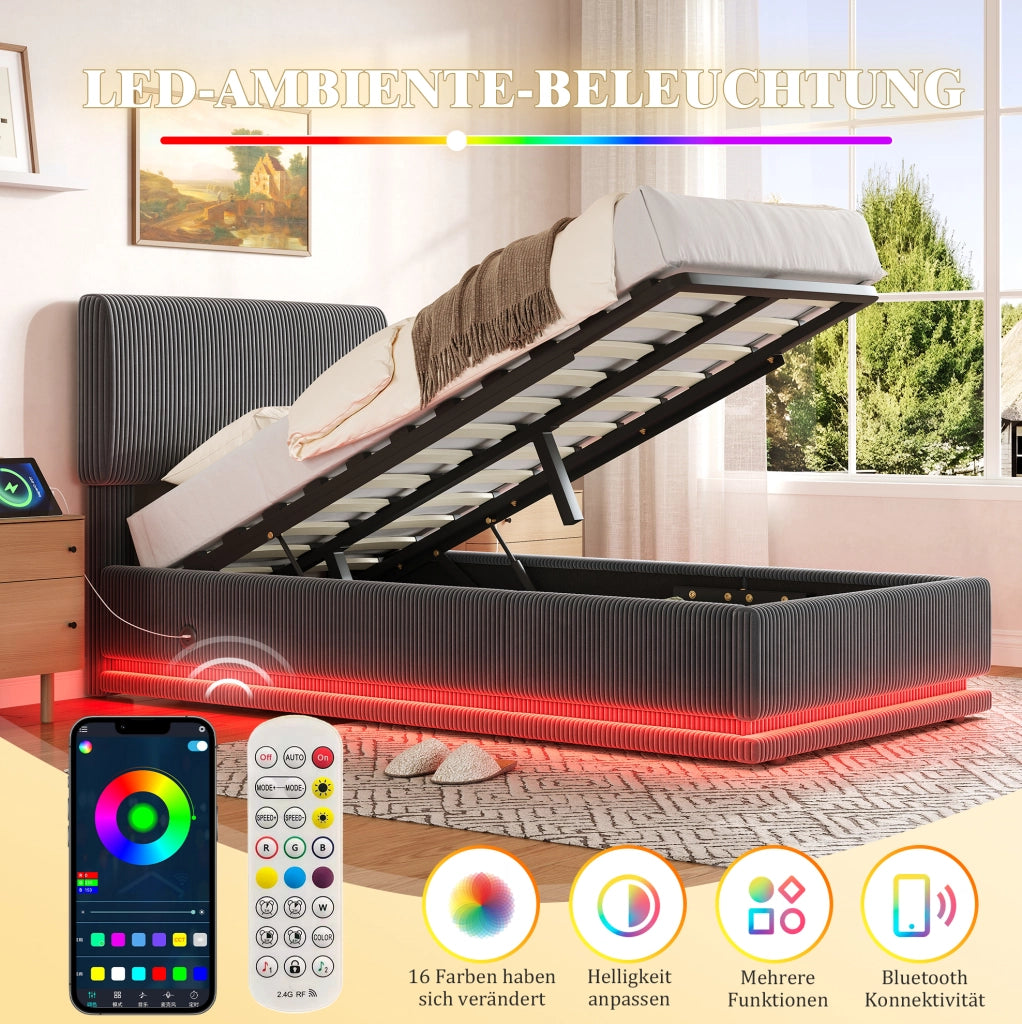 Letto imbottito 90x200 cm grigio scuro con LED e USB-C