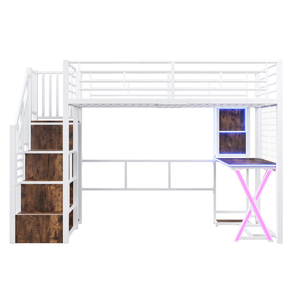 Letto a soppalco 252.5x95.5x169 cm con luce ambientale; scrivania; armadio; ripiani in metallo e MDF bianco