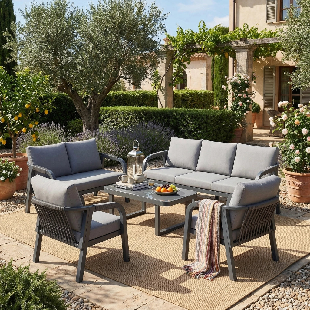 Set Divano da Giardino 7 Posti con Tavolino in Vetro ¨C MINIMAL ¨C Polyrattan Grigio