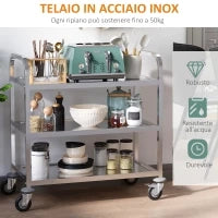 Carrello da Cucina 3 Ripiani Aperti 4 Ruote Omnidirezionali con 2 Freni Cuscinetti Anti-Collisione in Acciaio Inossidabile 430 Argento 90.5x50.5x88.2cm