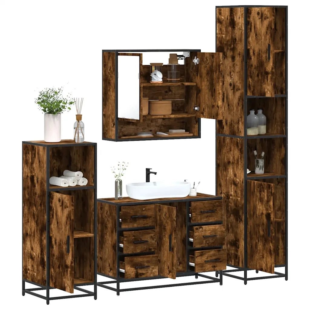 Set Mobili da Bagno 4 pz Rovere Fumo in Legno Multistrato