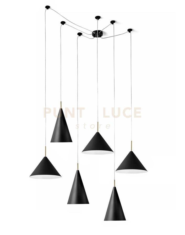 SAMOI KIT LAMPADARIO A SOSPENSIONE 6 LUCI COLORE ESTERNO NERO FINITURE BIANCO ORO ATTACCO E27