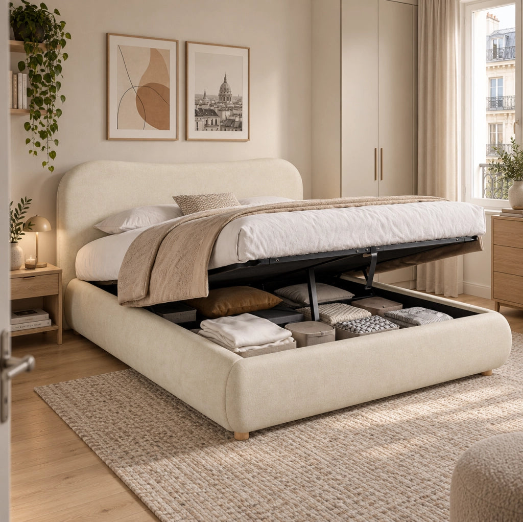 Letto 160x200 cm con contenitore idraulico e rete a doghe in ciniglia beige