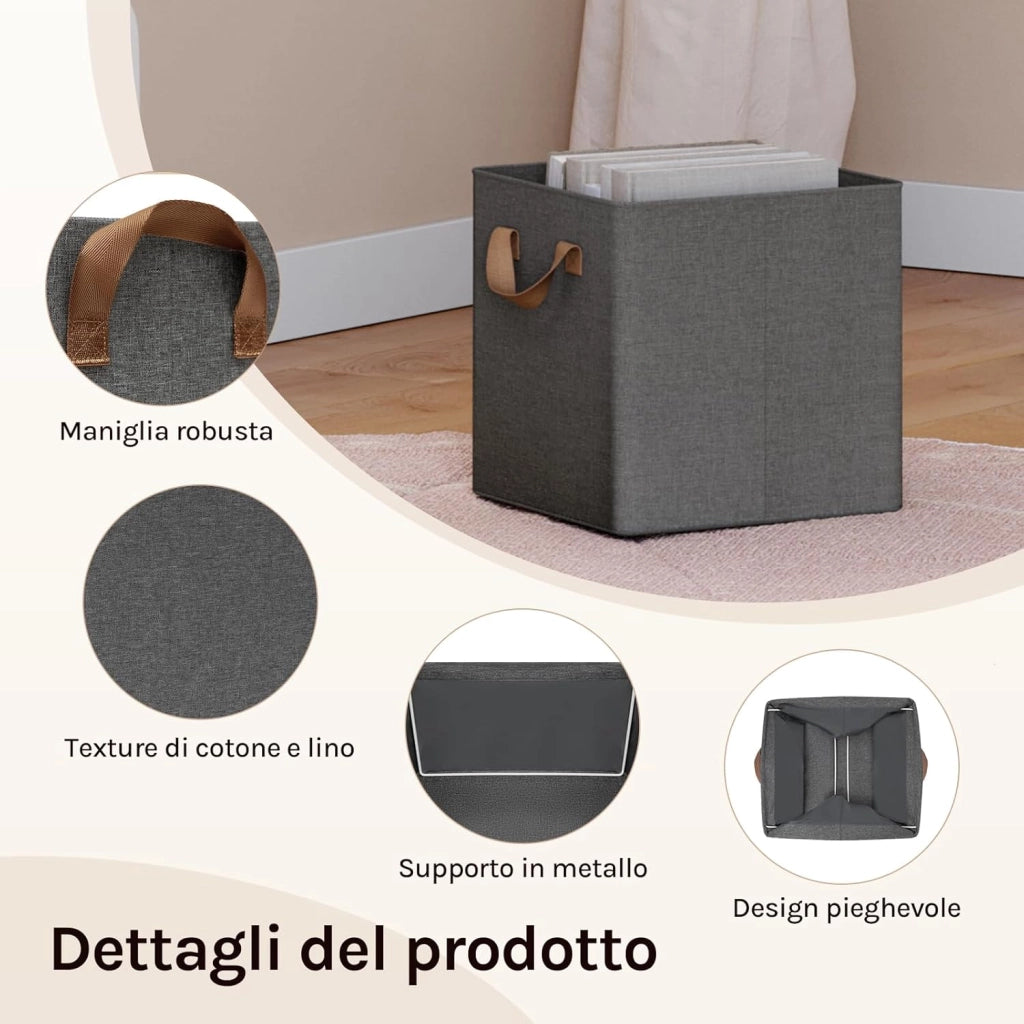 Set di 5 Cubi di Tessuto, Scatole Ripiegabili da Ripiano con Maniglia e Telaio in Metallo, Grigio, 32,5x32,5x31cm