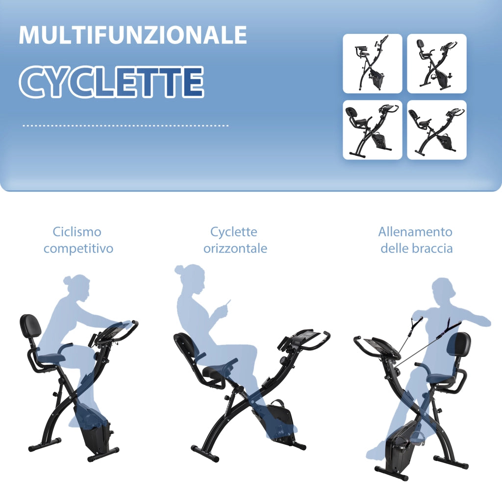 EasyComfort Cyclette Pieghevole 2 in 1, Resistenza Magnetica Regolabile 8 Livelli, Cyclette da Casa Silenziosa con Sensore di Frequenza Cardiaca, Elastici per Braccia, Schermo LCD, Volano 2.5kg, Nero