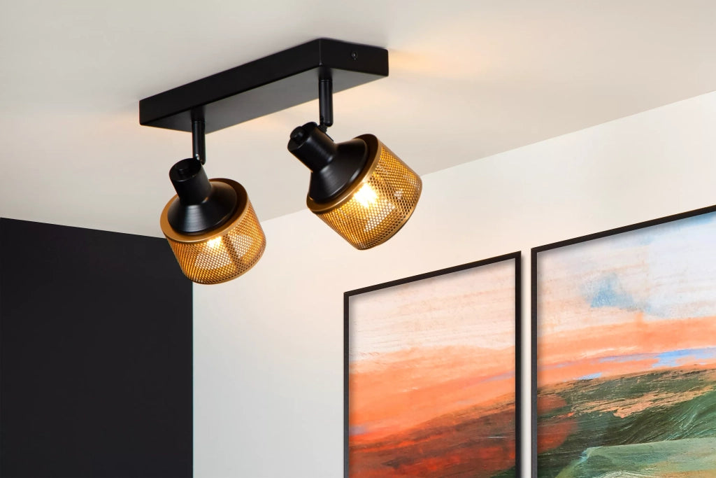 Plafoniera industriale nero-oro Lucide Rafa 2 faretti E14