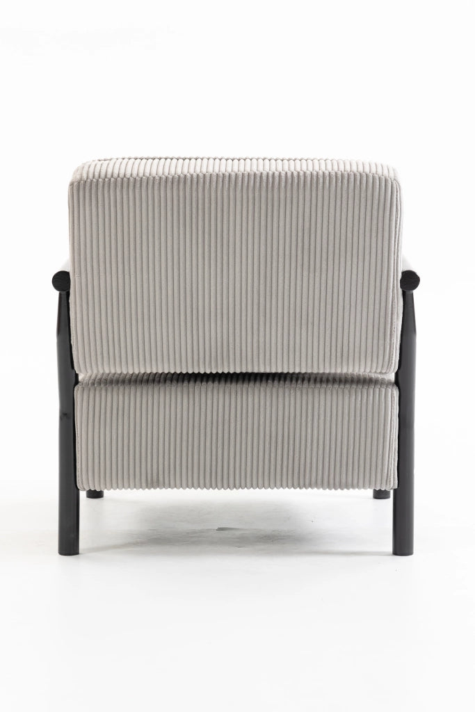 Poltrona contenitore in velluto grigio chiaro con struttura in legno e cuscino lombare
