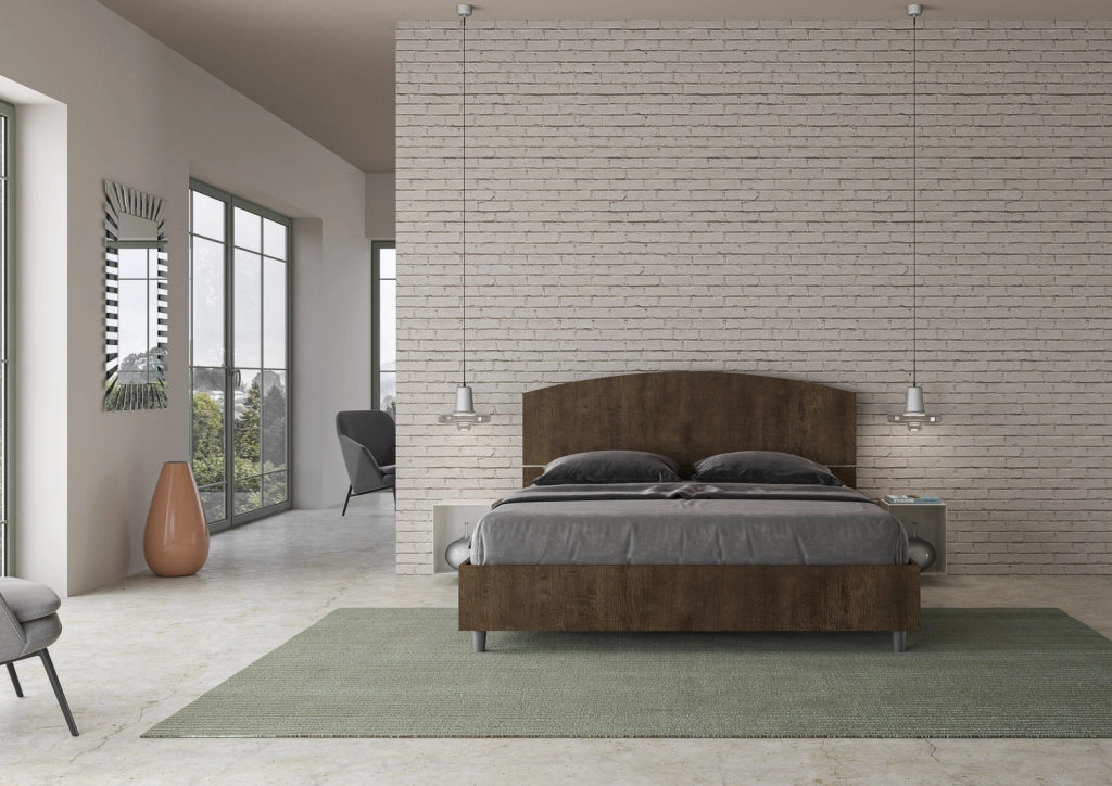 Letto Matrimoniale 160x200 cm con Rete e Contenitore Alzata Comoda Testata Inclinata a Doghe Dora Noce