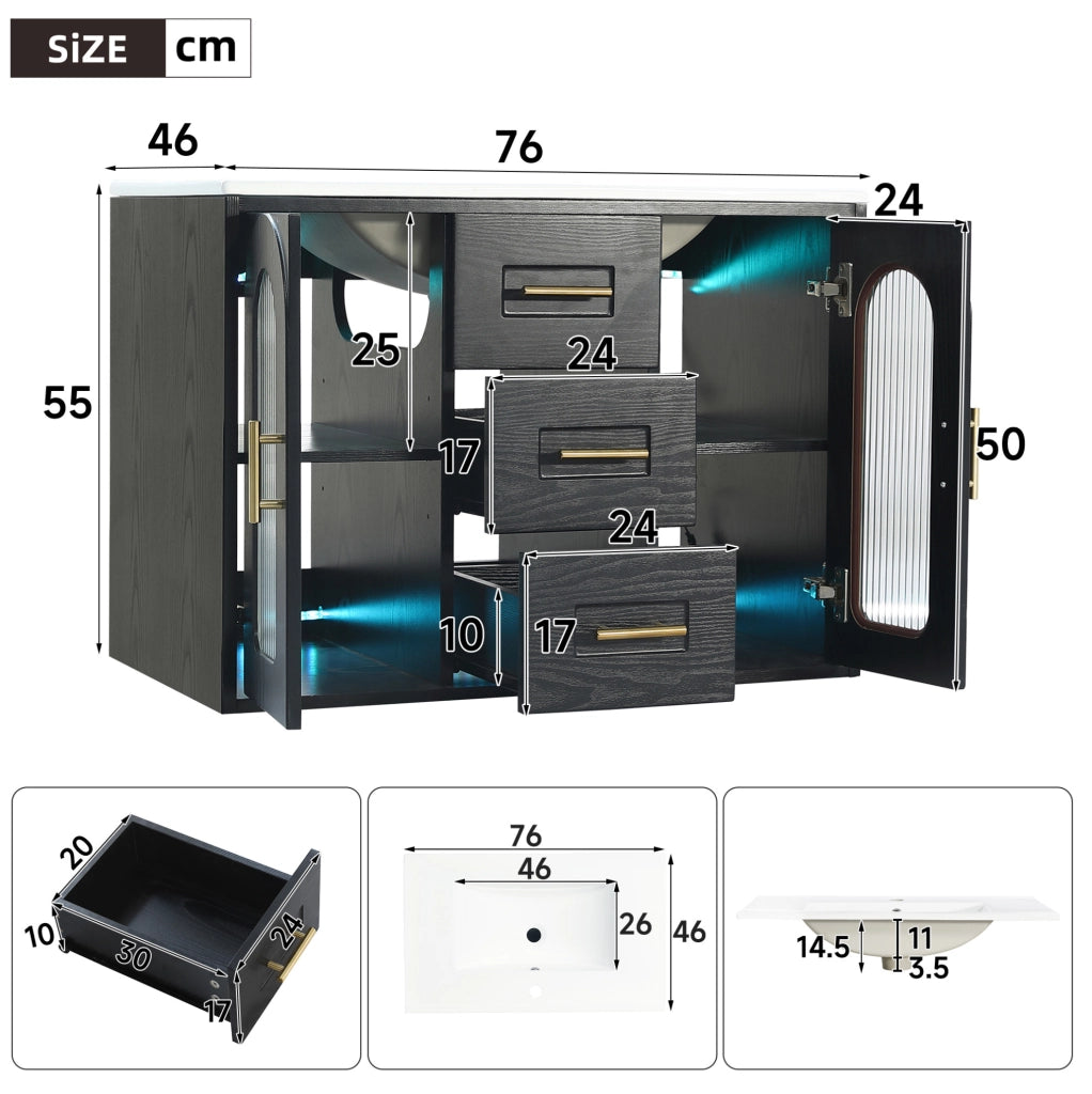 Mobile bagno sospeso 76 cm con lavabo; 2 cassetti; vetro rigato; LED; nero