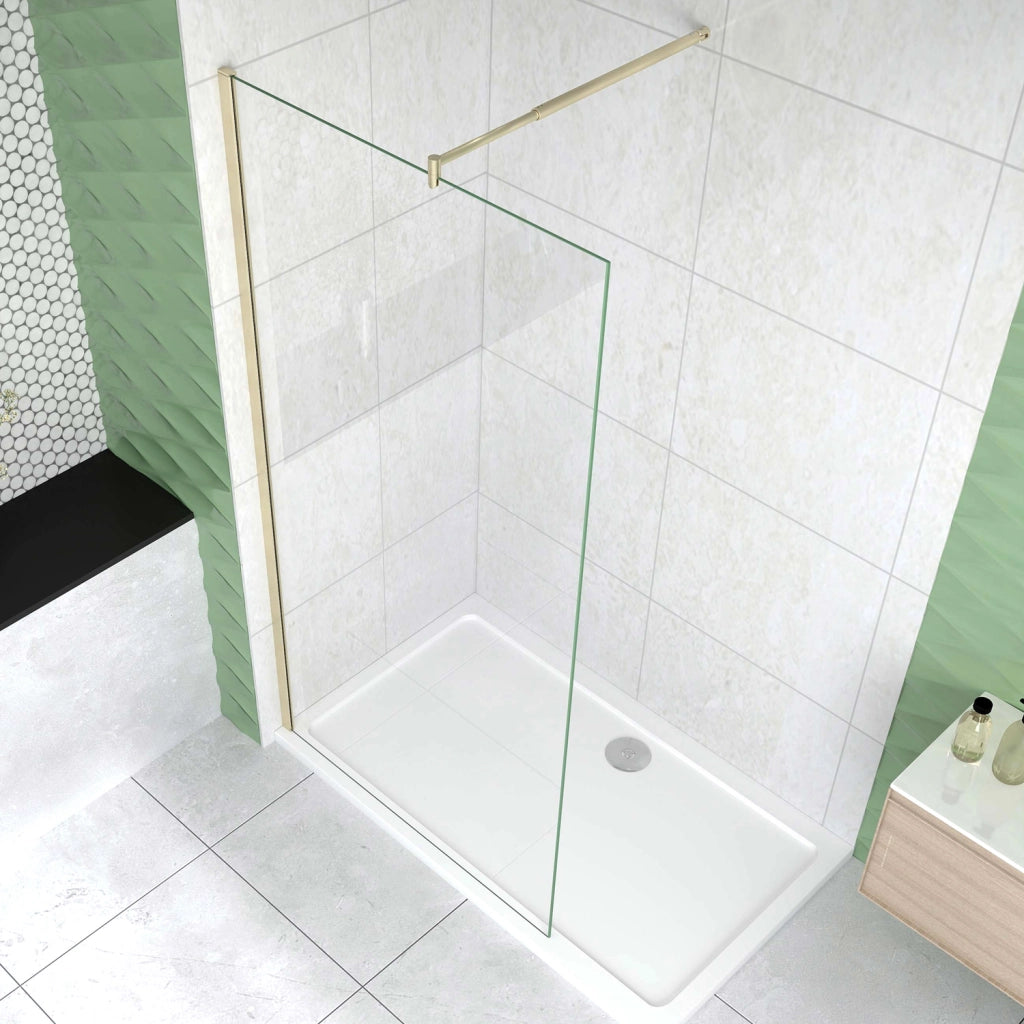 Box Doccia Walk In 100x200 cm Parete Fissa Vetro 8 mm Trasparente Anticalcare Oro Spazzolato Barra Stabilizzatrice 70-120 cm