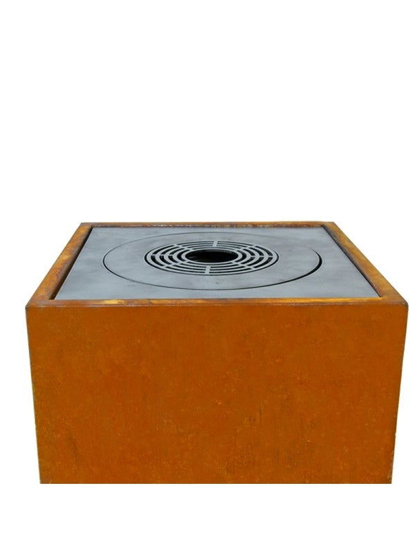 Braciere da giardino, Barbecue con griglia con foro per wok e copertura protettiva - Q1 Corten