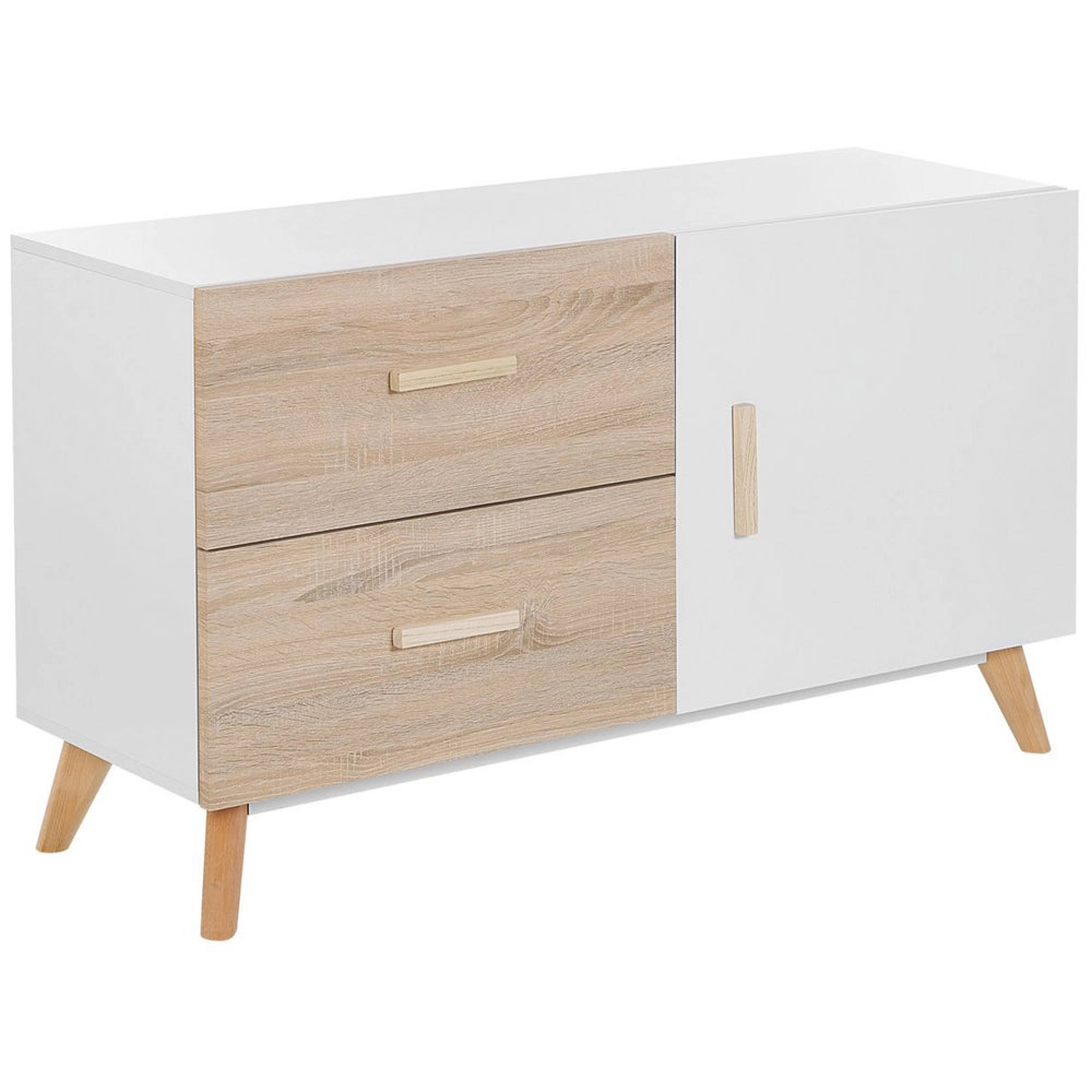 Credenza Bianca e Legno Chiaro MDF 2 Cassetti Scaffali Armadio Gambe in Legno Portaoggetti Soggiorno