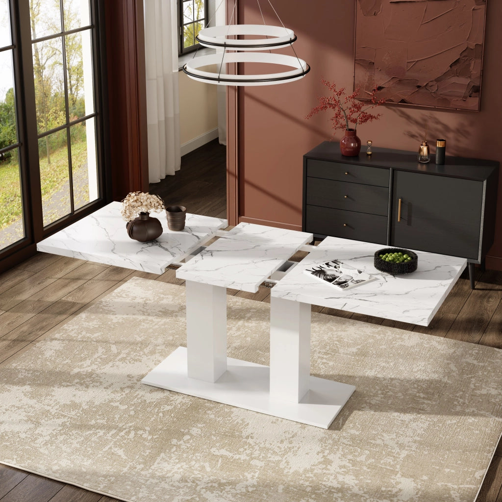 Tavolo allungabile, 140/180 × 70 cm, per 6-8 persone, effetto marmo, bianco