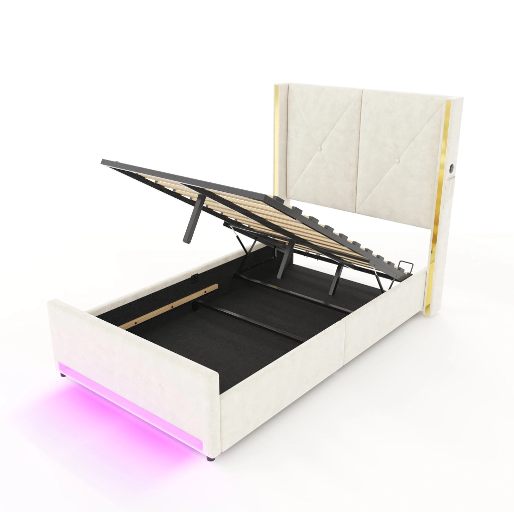 Letto contenitore ULEVR 90x200 cm in velluto beige con LED, USB e Type-C, tasche laterali e sollevamento idraulico
