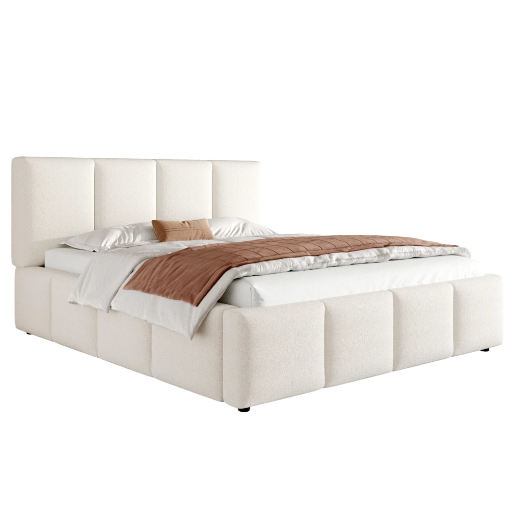 Letto matrimoniale imbottito 160x200 cm con rete a doghe e testiera in bouclé beige