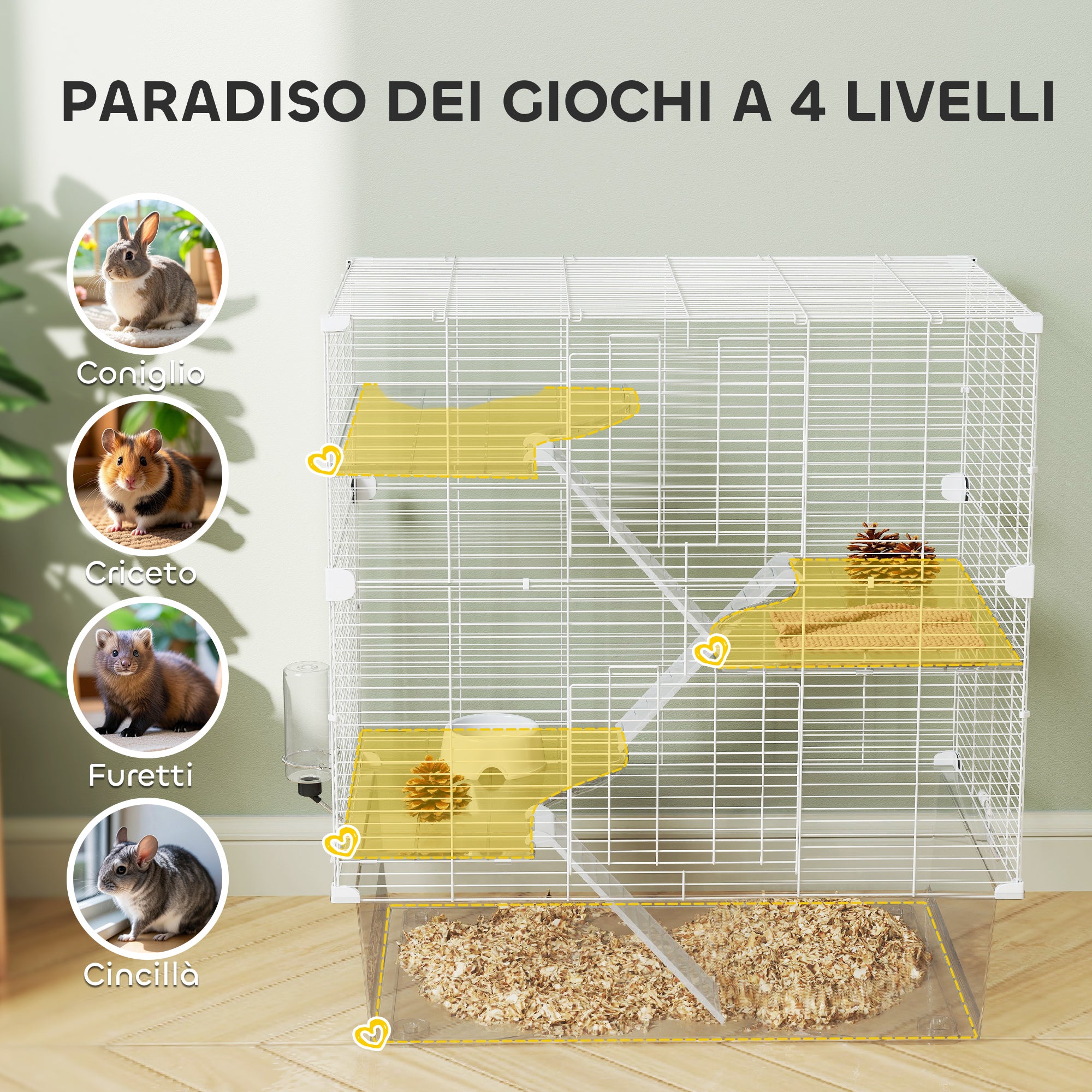 Gabbia per Roditori 73x47x80 cm Multilivello con Accessori Inclusi in Acciaio e PET Bianco