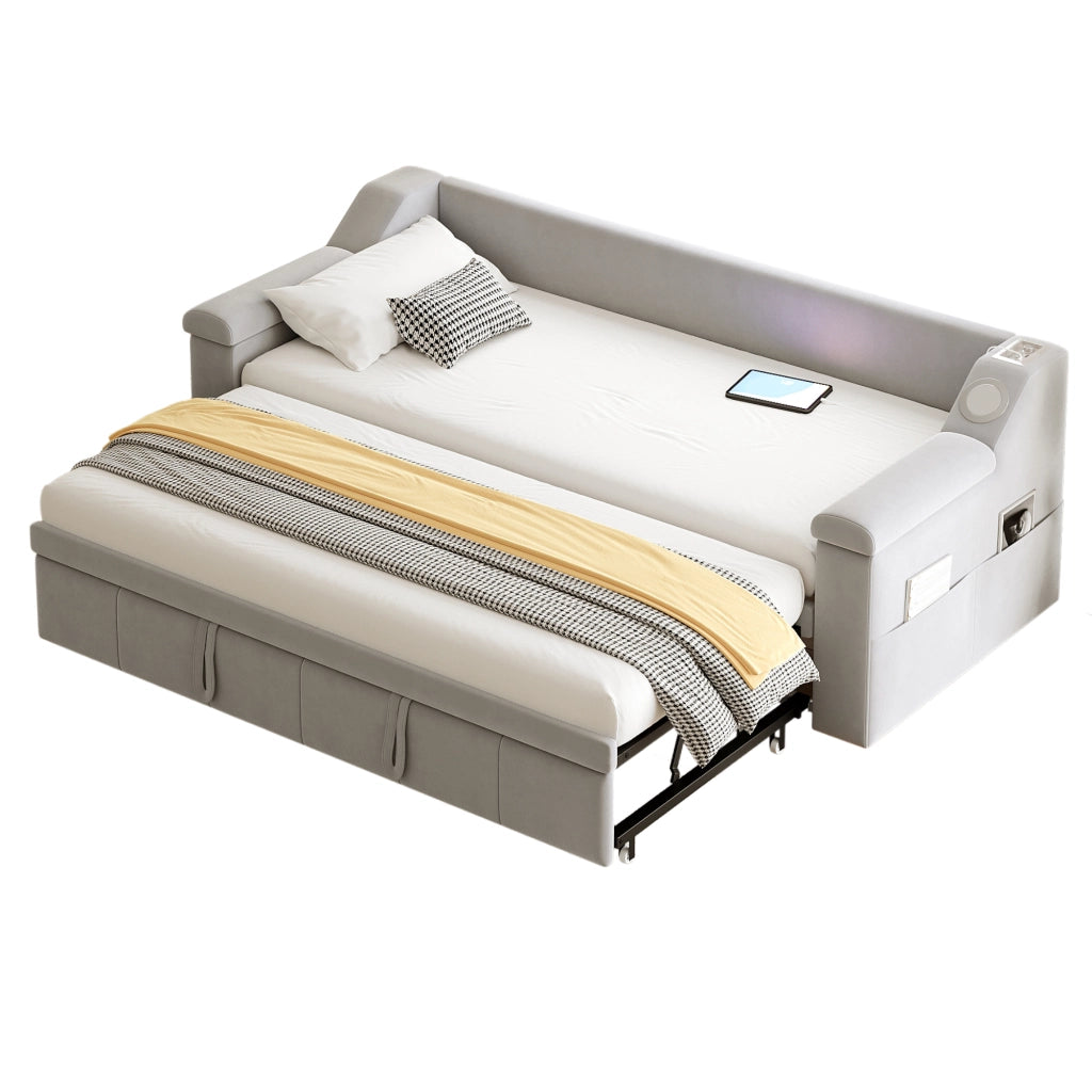 Divano letto imbottito convertibile 90/180x190 cm con Bluetooth, porte USB, vani portaoggetti e rete a doghe, grigio chiaro