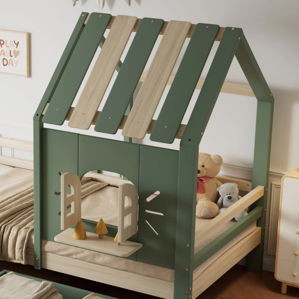 Letto Casetta 90x200 cm - con 2 Cassetti e Sponde - in Legno e MDF - Verde