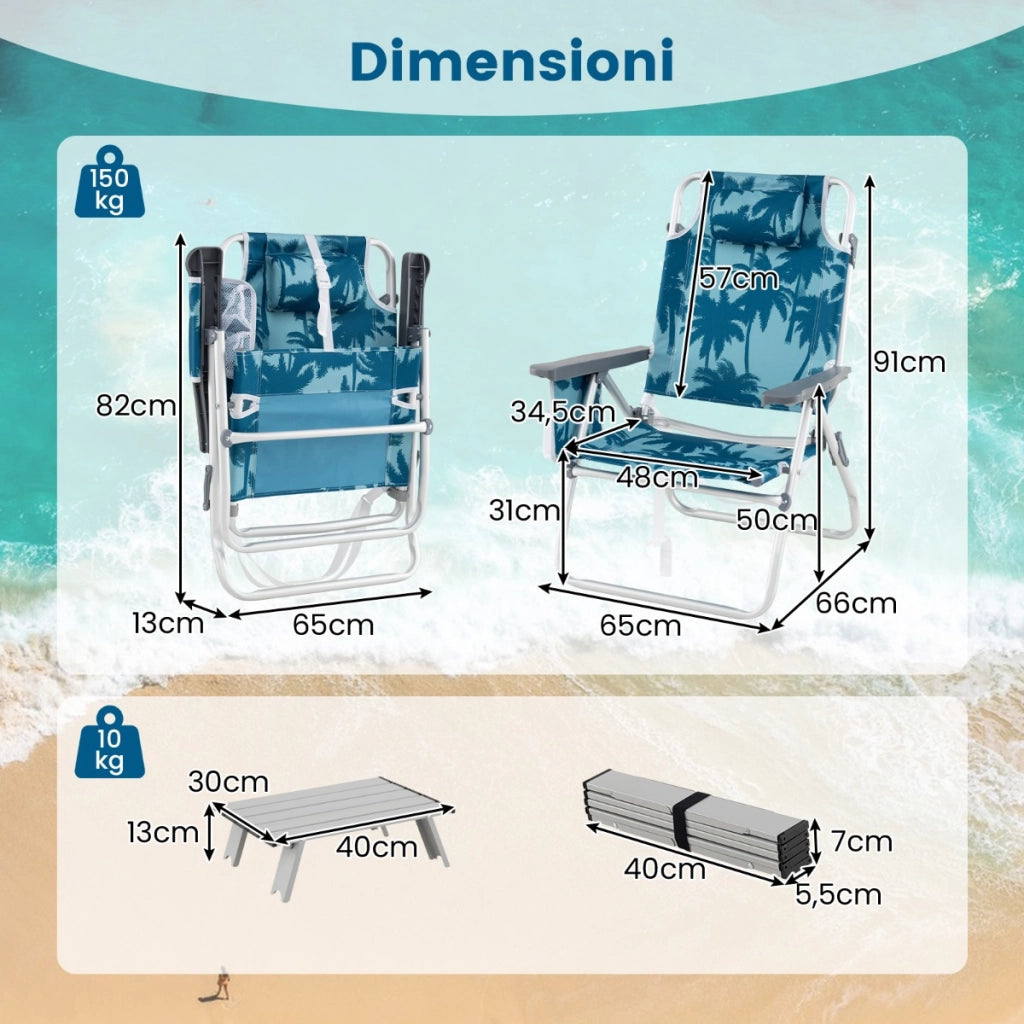 Sedie da giardino a 2 posizioni con tavolino laterale per picnic all'aperto-Set di sedie da spiaggia pieghevoli e tavolino Blu scuro