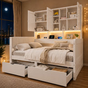 Letto singolo 90x200 cm con contenitore; LED; prese USB e testiera in PU bianco