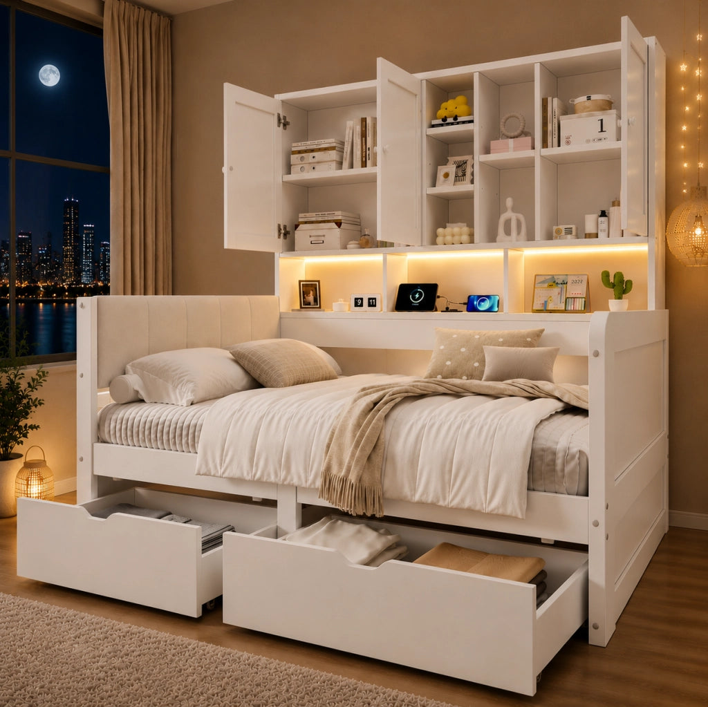 Letto singolo 90x200 cm con contenitore; LED; prese USB e testiera in PU bianco