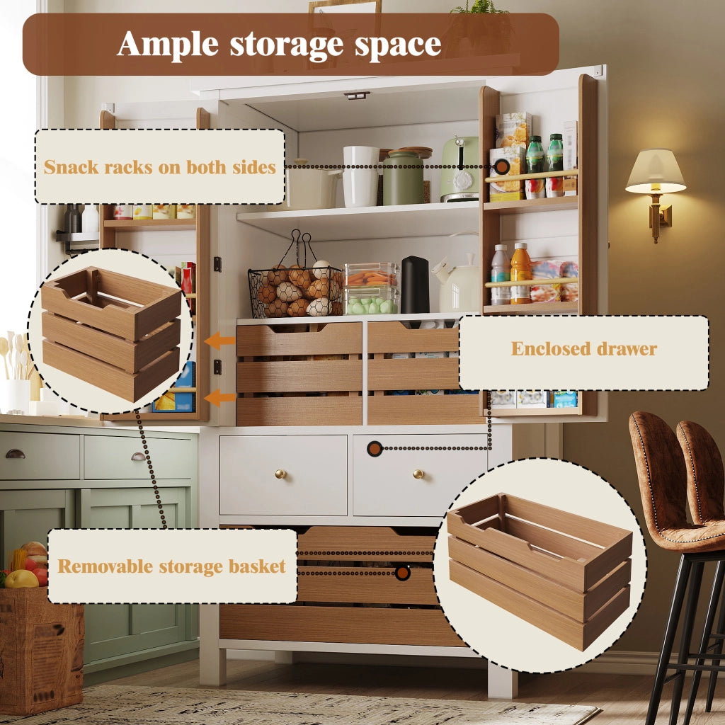 Credenza alta da cucina con due ante, cinque cassetti e ripiani in MDF e PB bianca 80 × 40 × 140 cm