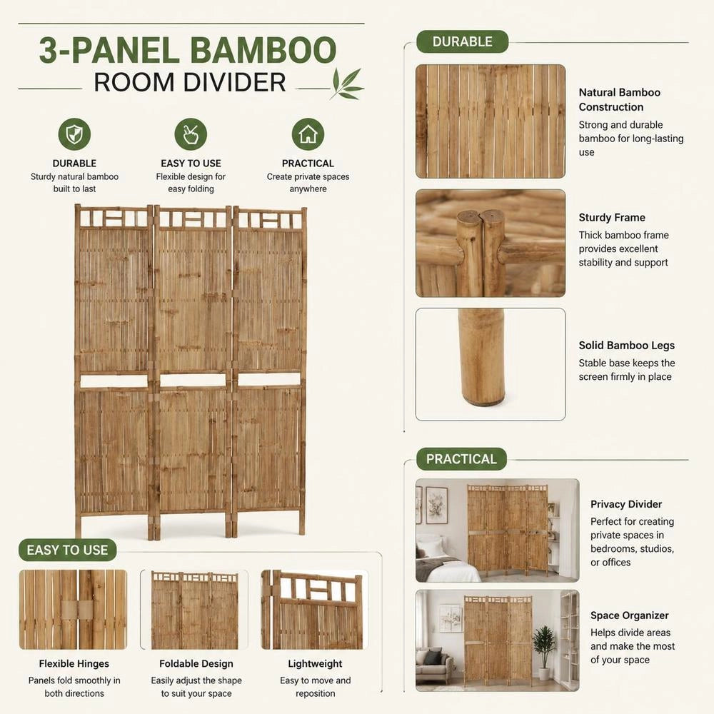 3-piece Room Divider Bamboo 120x180 Cm
