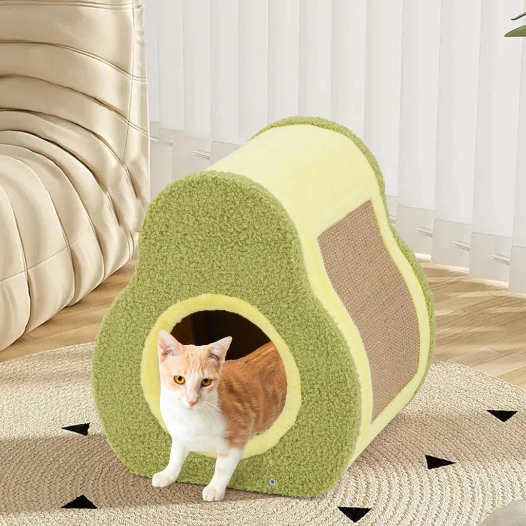 Cuccia per Gatti da Interno Forma di Avocado, Casetta per Gatti Morbida con Tessuto Delicato e Parete di Bambù, Nido per Gatti con Tavola di Juta all’Esterno, 35 x 33 x 40 cm