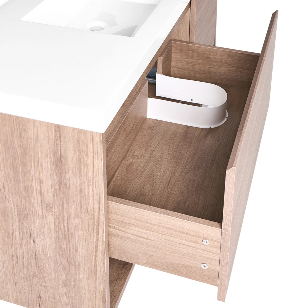 Mobile bagno sospeso con lavabo 1 cassetto frontale e 2 ripiani 120 x 50 cm marrone chiaro
