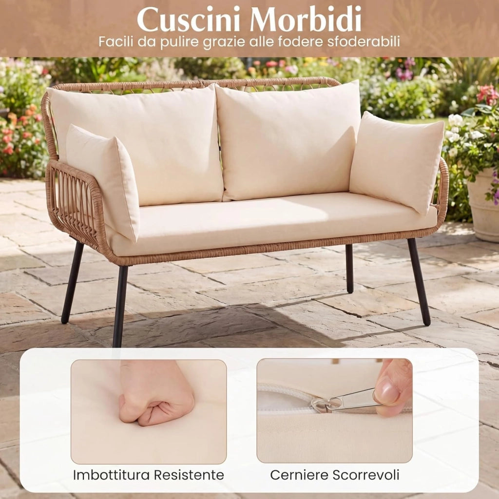 Divanetto da Giardino 2 Posti, Divano da Esterno in Rattan con Cuscini Morbidi e Piedini Regolabili, Portata 300 kg, Panca da Giardino per Terrazza e Bordo Piscina, 118 x 62 x 81 cm