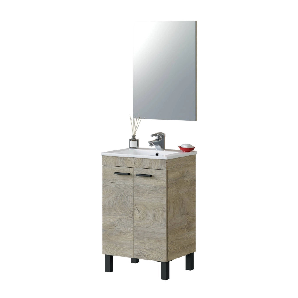 Mobile sottolavabo Almenia, Mobiletto per bagno, Armadio a 2 ante con specchio, lavabo non incluso, cm 50x40h80, Rovere