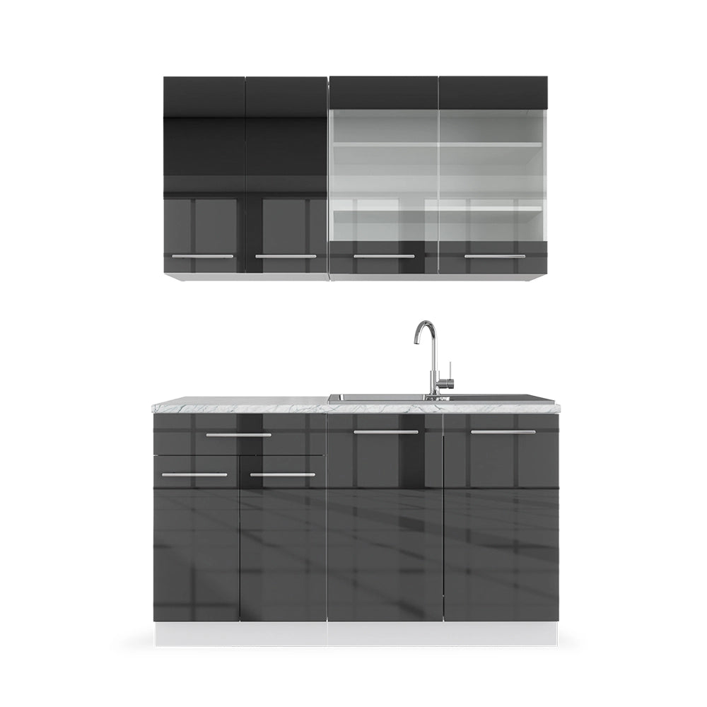 Cucina completa Fame-Line Antracite lucido/Bianco 140 cm, PL Marmo Vicco