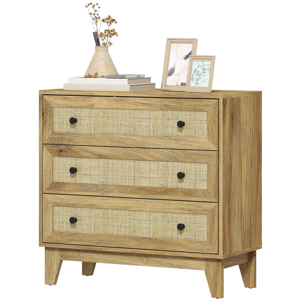 Cassettiera con 3 Cassetti in Legno Naturale Frontale Rat¨¢n Stile Cannage ¨C Xylo ¨C 80x35x76 cm