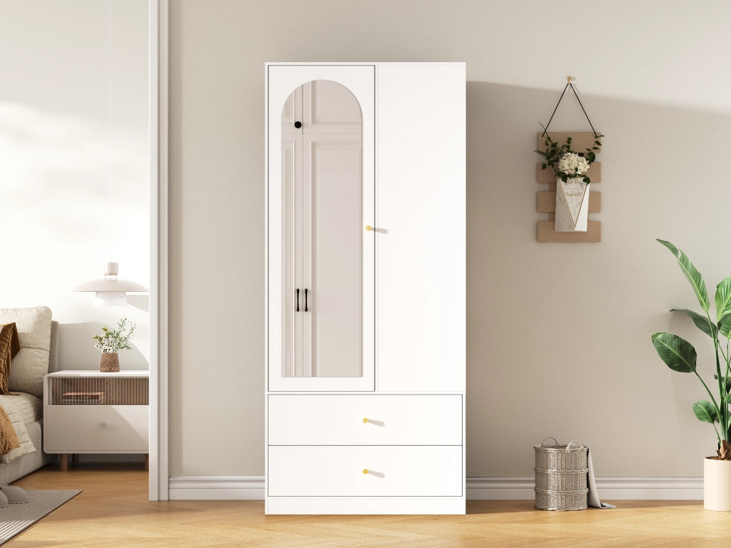 Armadio con specchio e 1 anta, 2 cassetti e 4 ripiani in MDF per camera da letto, bianco, 80 × 40 × 180 cm