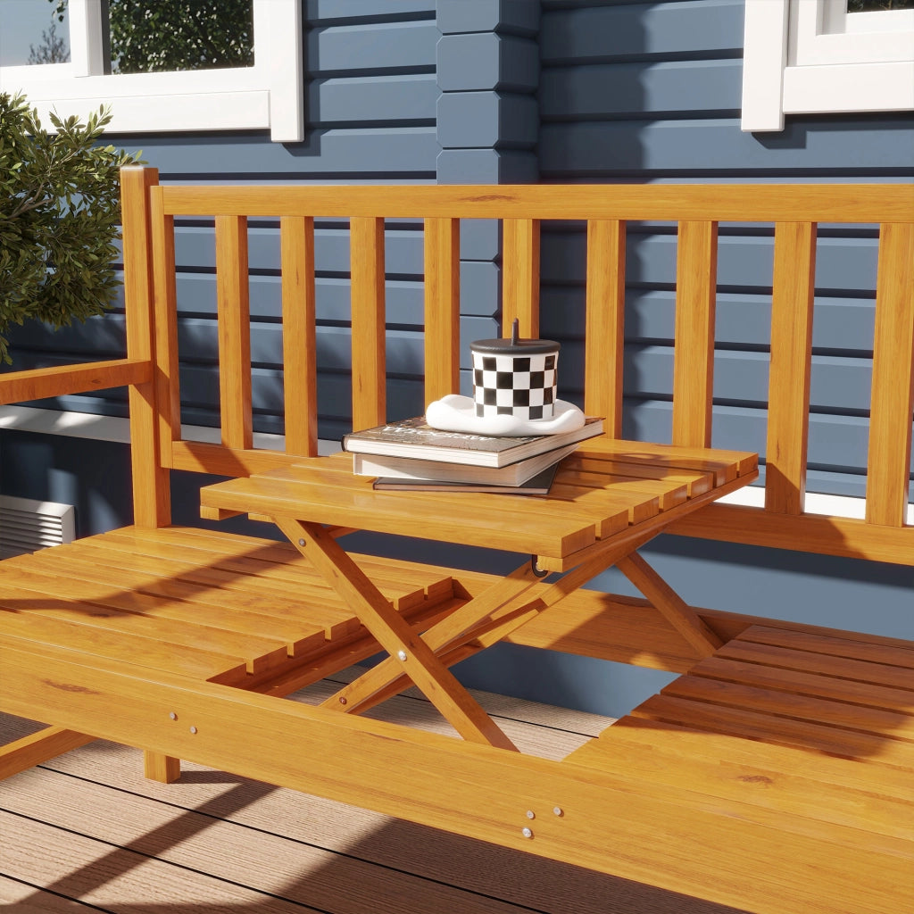 Panchina da giardino in legno massello con tavolo apribile ¨C zephmum ¨C 153x56x91, colore marrone chiaro