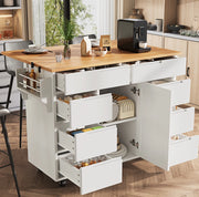 Isola da cucina 122x74.5x91.5 cm pieghevole con 8 cassetti; MDF bianco