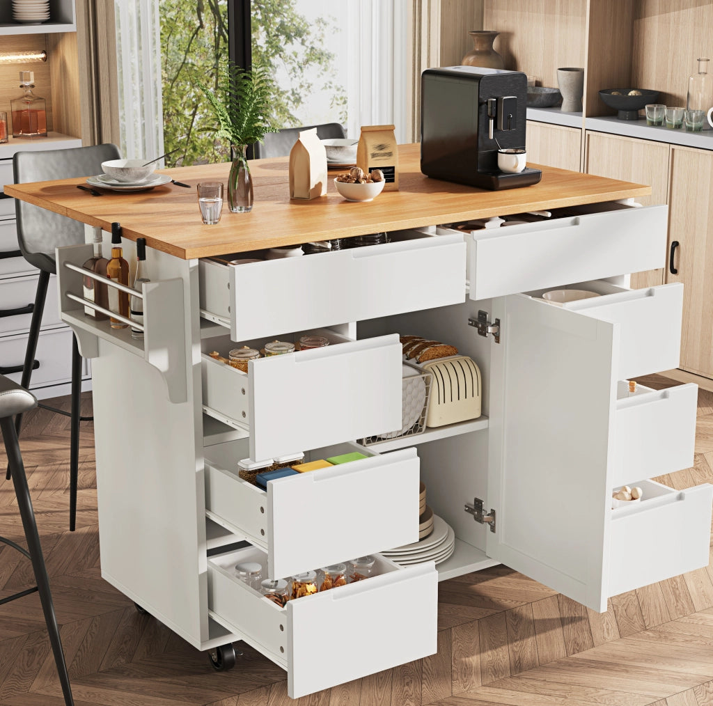 Isola da cucina 122x74.5x91.5 cm pieghevole con 8 cassetti; MDF bianco