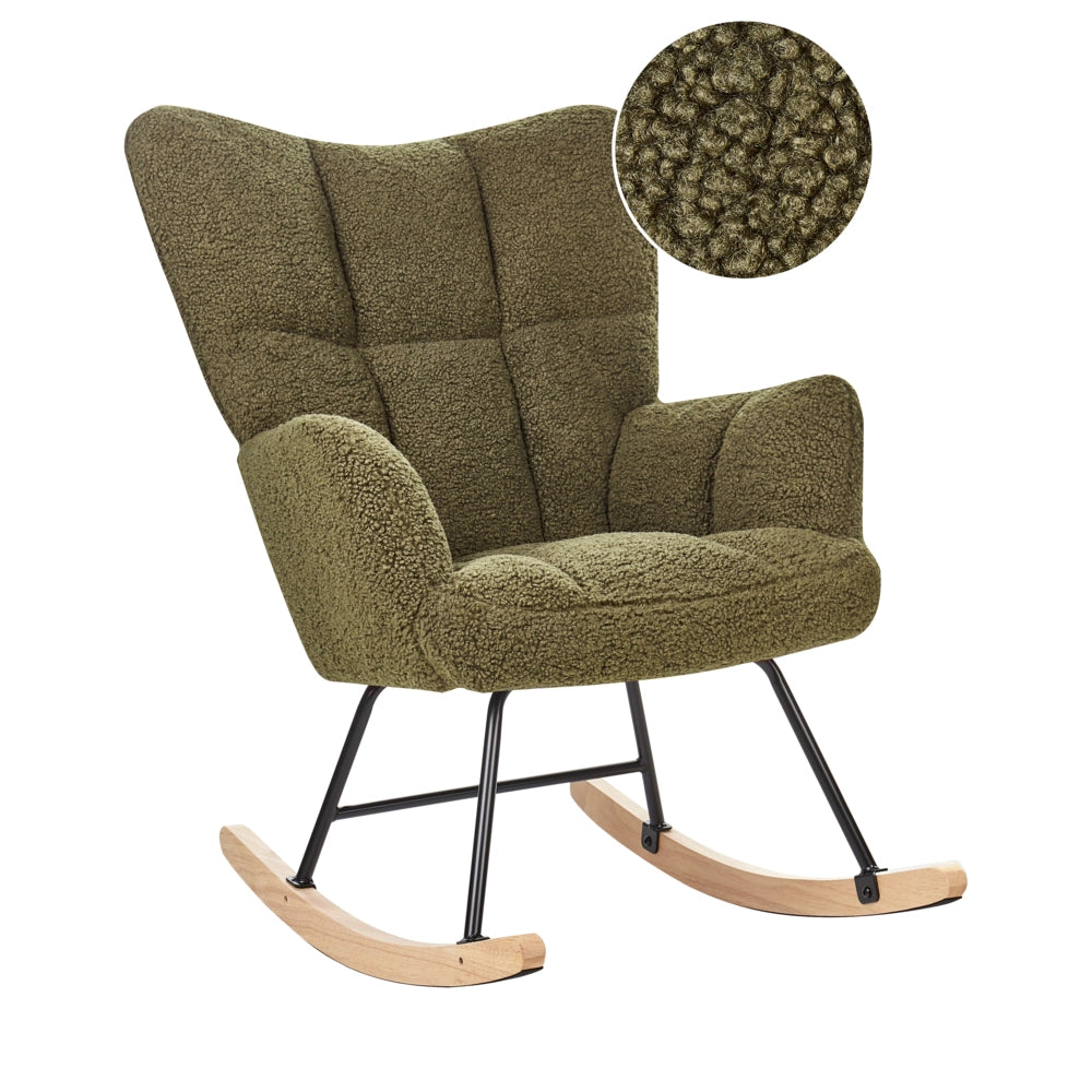 Sedia a dondolo verde scuro Tessuto poliestere Rivestimento Gambe di legno Pattini Moderna Biscuit Tufting