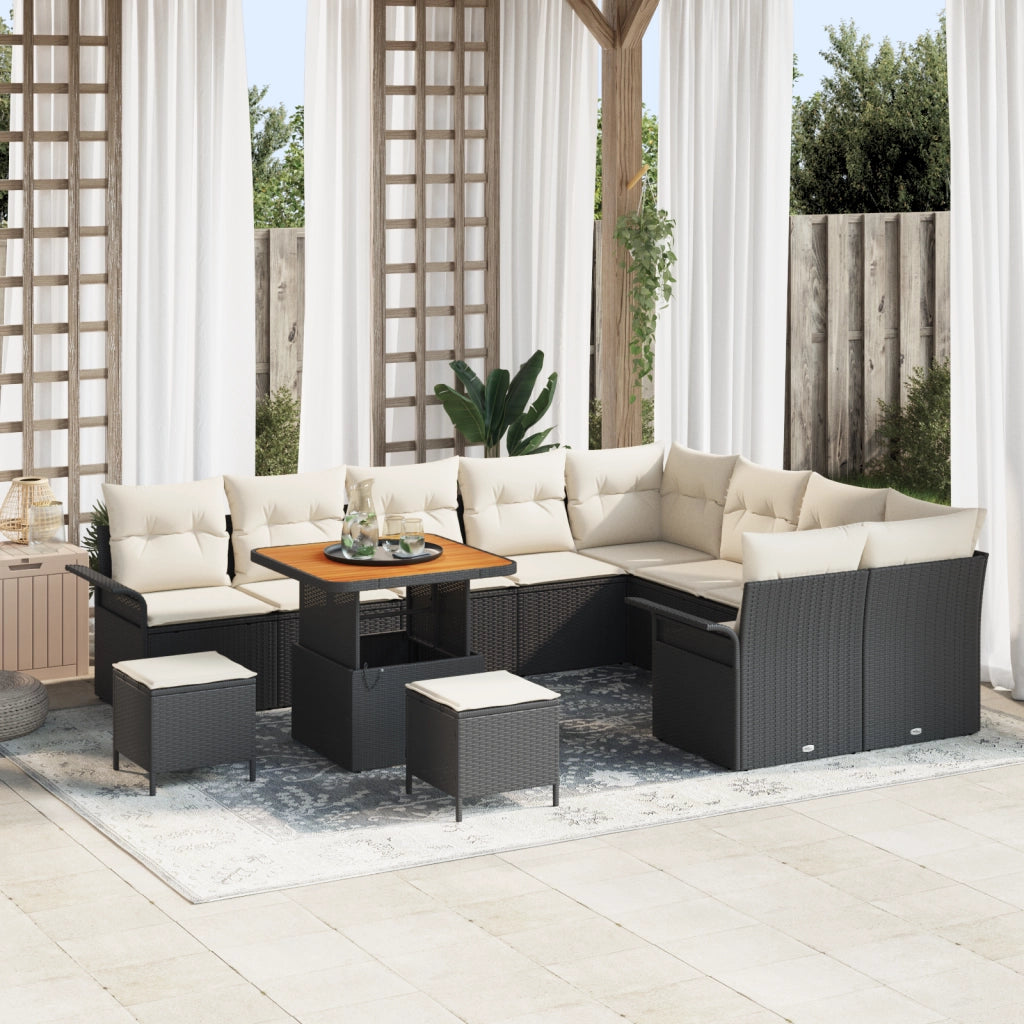 Set Divano da Giardino 12 Pezzi con Cuscini Nero Polyrattan Acacia