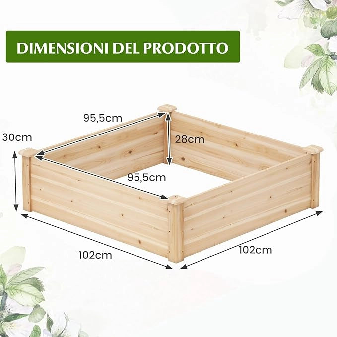 Letto da Giardino Rialzato in Legno per Esterni, Fioriera Quadrata con Base Aperta per Verdure, Frutta e Erbe, Aiuola per Piante da Patio e Giardino, 102 x 102 x 30 cm