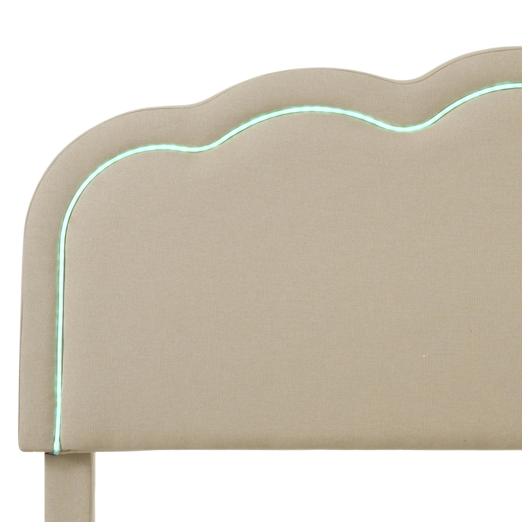 Letto singolo imbottito 90x200 cm con testiera LED regolabile, beige, struttura con rete