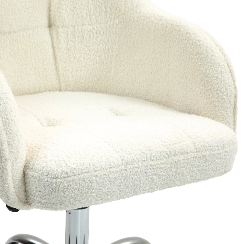 Sedia da ufficio girevole ergonomica con altezza regolabile e rotelle in tessuto teddy bianco crema