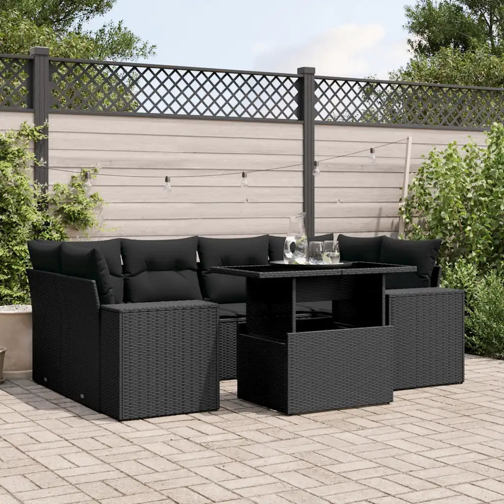 Set Divani da Giardino con Cuscini 7pz Nero Polyrattan