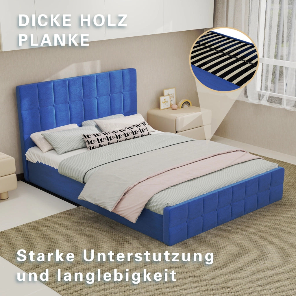 Letto imbottito 140x200 cm in velluto blu con testiera capitonné