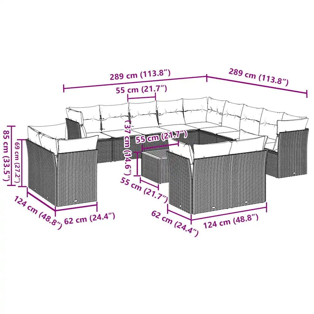 Set Divani da Giardino 14pz con Cuscini in Polyrattan Grigio