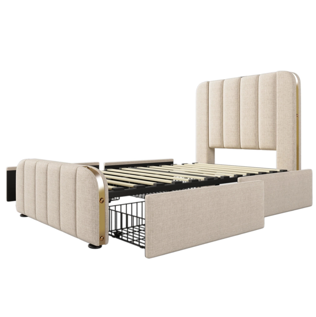 Letto singolo imbottito 90x200 cm con USB e USB C; 4 cassetti; lino beige