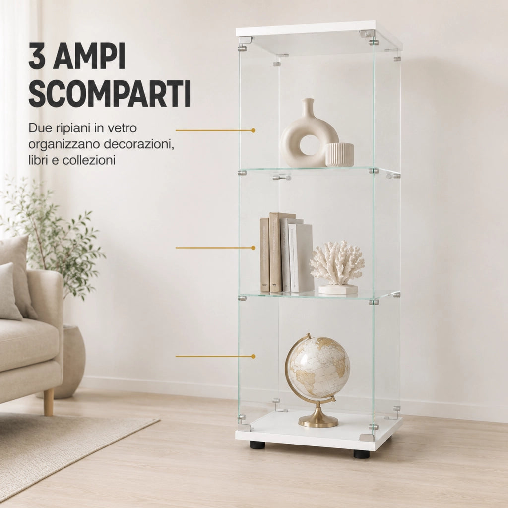 Vetrina espositiva in vetro temperato colore bianco con serratura e chiavi, 42,4x36,3x125,2cm, ripiani regolabili per figurine e collezioni