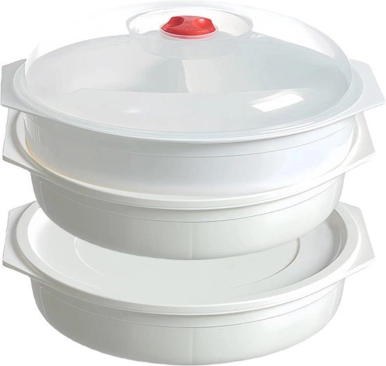 Piatto per magnetron con coperchio e 3 livelli, dotato di ventilazione e 3 compartimenti per la conservazione di piatti e accessori.