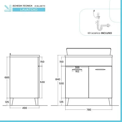 Mobile lavatoio 80x50 cm grigio calce vasca in resina e kit di scarico Moon
